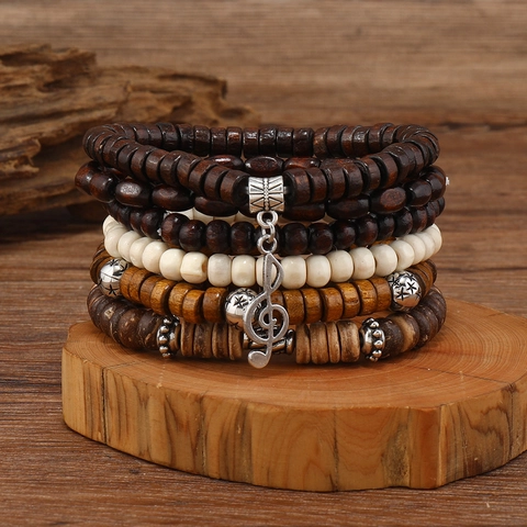 Vintage Bohemian Handmade Multi-layer Wood Beaded Bracelet With Alloy Music Note Pendant Coconut Shell Retro Ethnic Jewelry