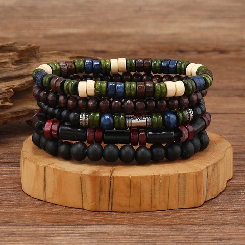 Bracciale Perline Uomo Retrò Multistrato Legno Pietra Lavica Cuoio Lega Boho Etnico Gioielli Vintage Accessori