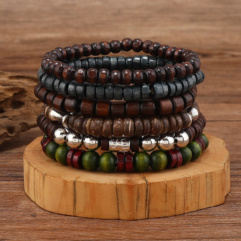 Vintage Wood Beads Coconut Shell Multilayer Beaded Men's Bracelet Ethnic Alloy Charm Handmade Elastic Stretch Bracelet