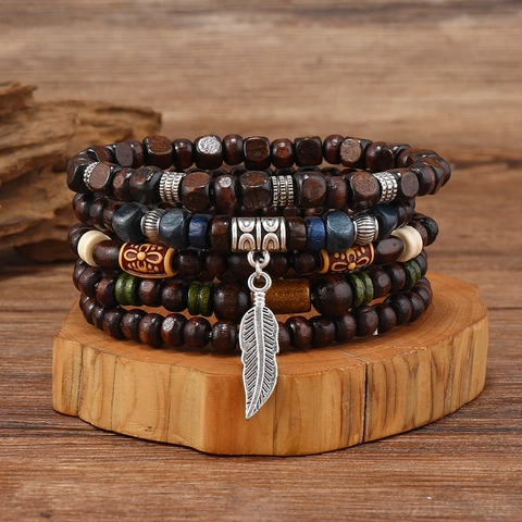 Herren Retro Ethno Holzperlen Armband Legierung Feder Anhänger Mehrlagig Böhmisch Handgefertigt Perlen Schmuck