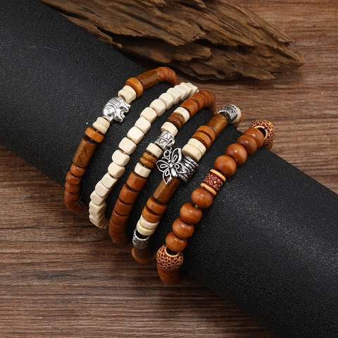 Vintage Bohemian Wood Beaded Bracelet Alloy Elephant Butterfly Charms Retro Ethnic Multi Layer Jewelry Men Women