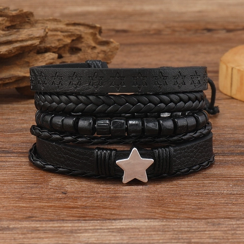 Herren Vintage Leder Armband Pentagramm Hexagramm Stern Mehrschichtig Geflochten Legierung Holzperle Punk Stil Schmuck Wickelarmband