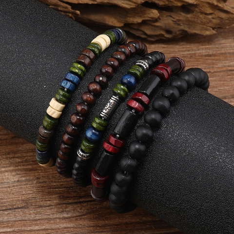 Bracciale Perline Uomo Retrò Multistrato Legno Pietra Lavica Cuoio Lega Boho Etnico Gioielli Vintage Accessori