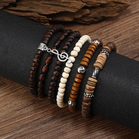 Vintage Bohemian Handmade Multi-layer Wood Beaded Bracelet With Alloy Music Note Pendant Coconut Shell Retro Ethnic Jewelry