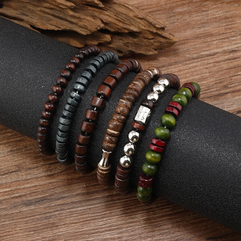 Vintage Wood Beads Coconut Shell Multilayer Beaded Men's Bracelet Ethnic Alloy Charm Handmade Elastic Stretch Bracelet