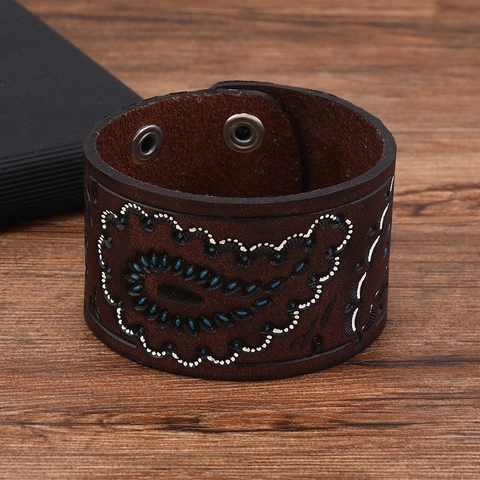 Bracciale in Pelle Larga Uomo Retro Etnico Con Motivo Paisley in Rilievo Bottone a Pressione in Lega Gioielli di Moda Bohemien Regolabile