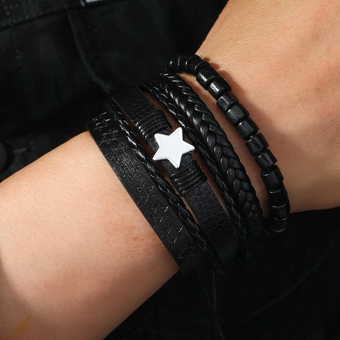 Herren Vintage Leder Armband Pentagramm Hexagramm Stern Mehrschichtig Geflochten Legierung Holzperle Punk Stil Schmuck Wickelarmband