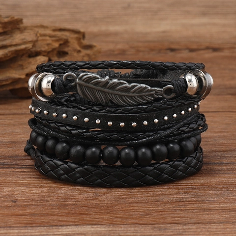 Herren Vintage Dunkler Stil Leder Legierung Feder Anhänger Geflochtenes Armband Set Mehrlagiges Armreif Mode Schmuck