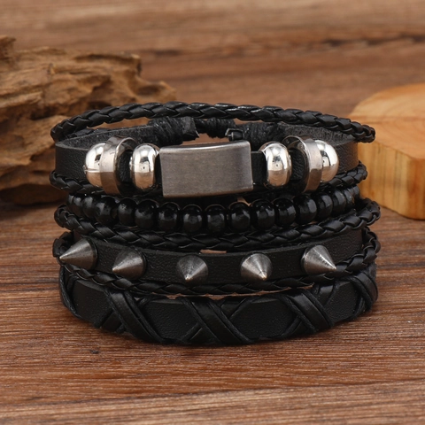 Bracciale Multistrato in Pelle Vintage Punk da Uomo Con Rivetti in Lega e Cordino Intrecciato Nero Regolabile Gioielli Hip Hop