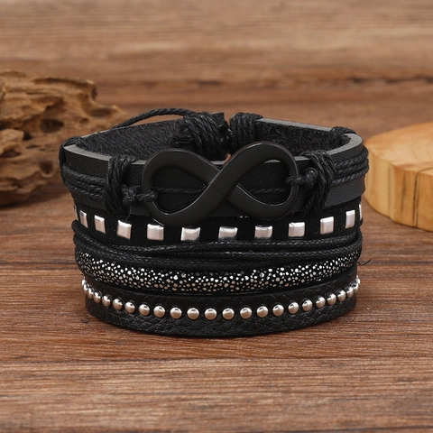 Herren Vintage Mehrlagiges Geflochtenes Lederarmband Mit Unendlichkeitssymbol Und Legierungsnieten Punk Handgefertigter Schmuck