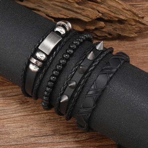 Bracciale Multistrato in Pelle Vintage Punk da Uomo Con Rivetti in Lega e Cordino Intrecciato Nero Regolabile Gioielli Hip Hop