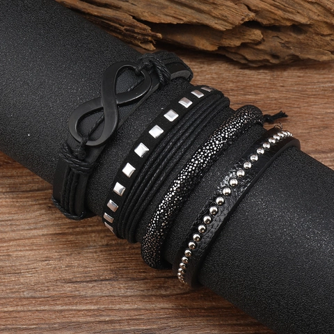Herren Vintage Mehrlagiges Geflochtenes Lederarmband Mit Unendlichkeitssymbol Und Legierungsnieten Punk Handgefertigter Schmuck