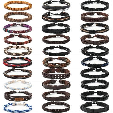 Handgemaakte Gevlochten Leren Armbanden Voor Heren Retro Etnische Stijl Gelaagde Verstelbare PU-Leren Legering Polsband Sieraden