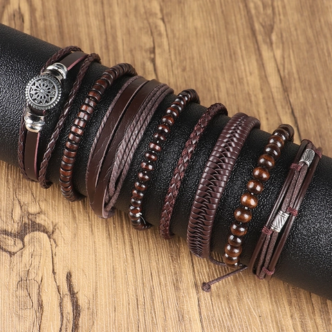 Vintage Handgewebtes Mehrlagiges Lederarmband Sonnenblumen Anhänger Holzperlen Verstellbares Wickelarmband Retro Ethno-Stil Unisex Schmuck
