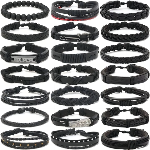 Vintage Herren Lederarmband Kollektion Legierung Feder Gitarre Flügel Anhänger Geflochten Stapelbar Punk Schmuck