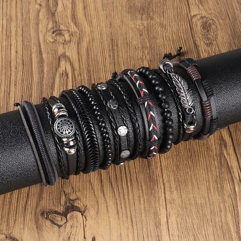 Men Leather Bracelet Set Multilayer Handwoven Punk Retro Alloy Star Feather Pendant Bohemian Adjustable Jewelry Wristband