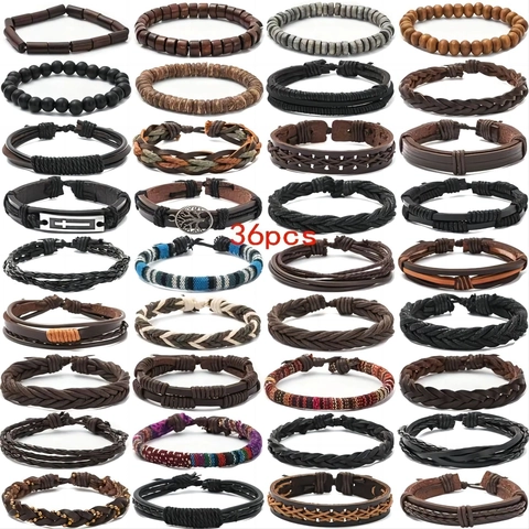 Vintage Men Braided Leather Bracelet Multi-layer Punk Bohemian Style Cross Tree Life Metal Charm Adjustable Hand-woven Jewelry Gift