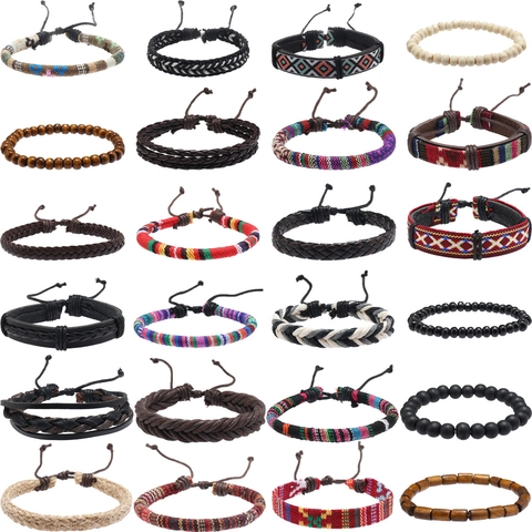 Bracciale Intrecciato Etnico Bohemien Fatto a Mano Grani di Legno Cordino in Pelle Avvolgente Gioielli Regolabili da Uomo Donna