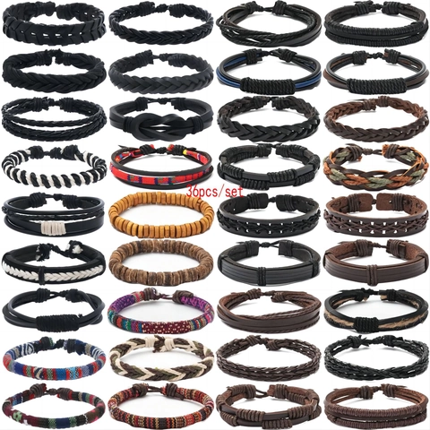Vintage Braided Leather Bracelet Collection Hand-Woven Multi-Layered Ethnic Style Jewelry Mixed Colors Adjustable Wristband Accessories