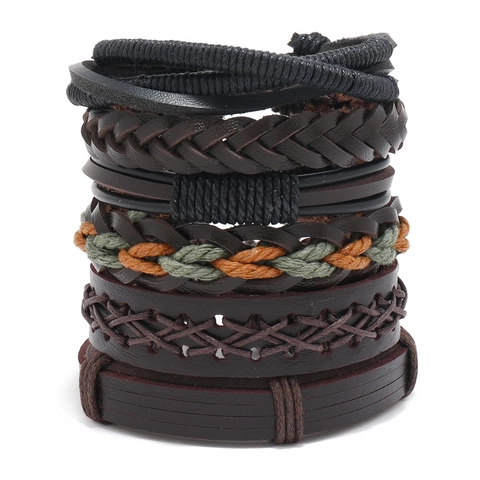 Vintage Men Braided Leather Bracelet Multi-layer Punk Bohemian Style Cross Tree Life Metal Charm Adjustable Hand-woven Jewelry Gift