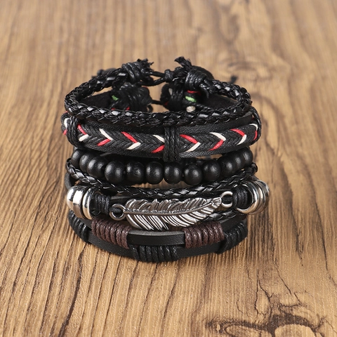 Men Leather Bracelet Set Multilayer Handwoven Punk Retro Alloy Star Feather Pendant Bohemian Adjustable Jewelry Wristband