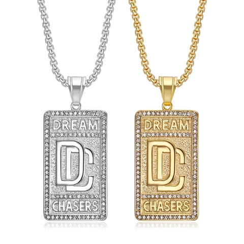 Hip Hop Iced Out Stainless Steel Dream Chasers DC Square Pendant Necklace For Men Women Rhinestone Street Jewelry