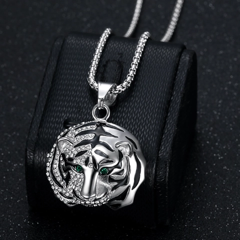Hip Hop Tiger Head Pendant Necklace Stainless Steel Gold Plated Rhinestone Animal Head Chain For Men Women Jewelry Gift