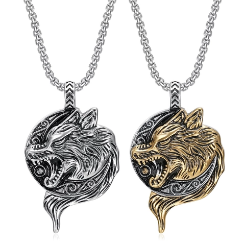 Retro Viking Wolf Head Pendant Necklace Stainless Steel Roaring Wolf Totem Gothic Punk Jewelry For Men Norse Wolf Head Charm Neckwear