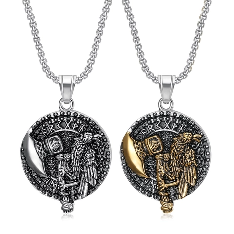 Collana con Ciondolo Vichingo Ascia Corvo Rune in Acciaio Inossidabile Oro Argento Bicolore Mitologia Nordica Gioielli Retro Punk per Uomo Donna