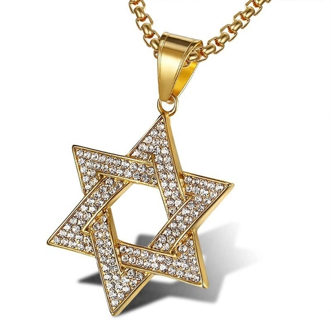 Hip Hop Stainless Steel Pave Rhinestone Star Of David Pendant Necklace Gold Silver Hollow Hexagram Jewish Religious Jewelry For Men Women