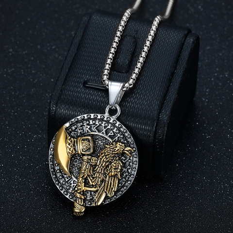 Collana con Ciondolo Vichingo Ascia Corvo Rune in Acciaio Inossidabile Oro Argento Bicolore Mitologia Nordica Gioielli Retro Punk per Uomo Donna