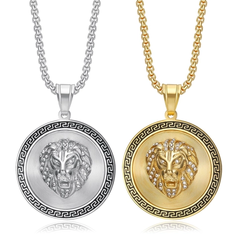 Collana con Ciondolo Testa di Leone Hip Hop in Acciaio Inossidabile con Motivo a Greca Medaglione in Rilievo Strass Uomo Donna