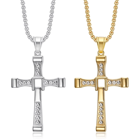 Classic Cross Pendant Stainless Steel Rhinestone Inlaid Fashion Jewelry For Men Gold Steel Box Chain Necklace Accessory