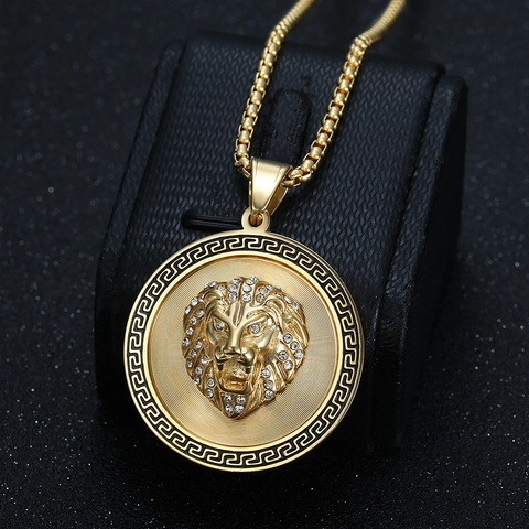 Collana con Ciondolo Testa di Leone Hip Hop in Acciaio Inossidabile con Motivo a Greca Medaglione in Rilievo Strass Uomo Donna