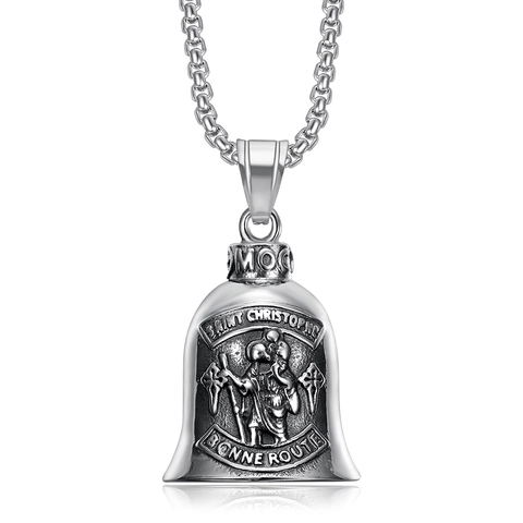 Collana con Pendente a Campana di San Cristoforo in Acciaio Inossidabile Vintage Punk Biker Amuleto Protettivo per Uomo Donna