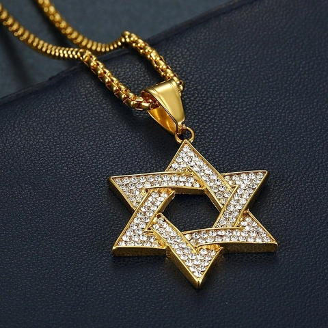 Hip Hop Edelstahl Davidsstern Anhänger Halskette Mit Vollem Strass Hexagramm Religiöser Jüdischer Schmuck Für Herren