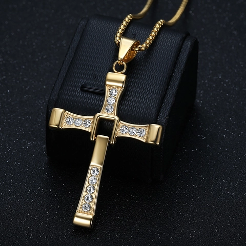 Classic Cross Pendant Stainless Steel Rhinestone Inlaid Fashion Jewelry For Men Gold Steel Box Chain Necklace Accessory
