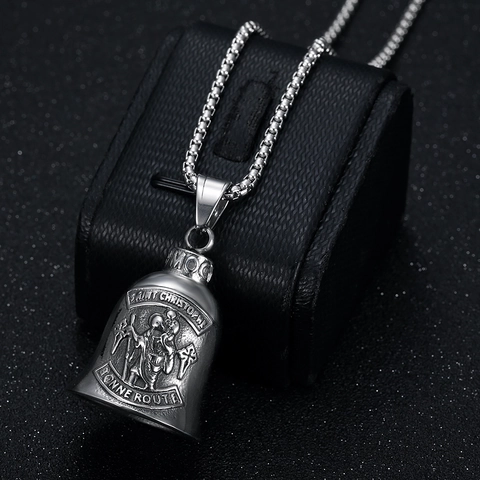 Collana con Pendente a Campana di San Cristoforo in Acciaio Inossidabile Vintage Punk Biker Amuleto Protettivo per Uomo Donna