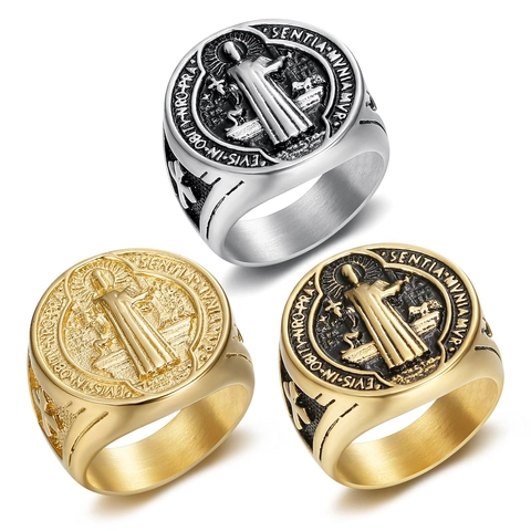 Bague Médaille Exorcisme Saint Benoît pour Hommes Acier Inoxydable Plaqué Or Religieux Hip Hop Punk Chevalière Bijoux Cadeau
