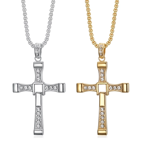 Fast & Furious Toretto Same Style Stainless Steel Cross Pendant Necklace Rhinestone Inlaid Hip Hop Jewelry For Men Bold Gift