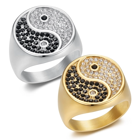 Vintage Stainless Steel Tai Chi Yin Yang Signet Ring Pave Rhinestone Gold Silver Color Band Ring For Men Women Jewelry Gift