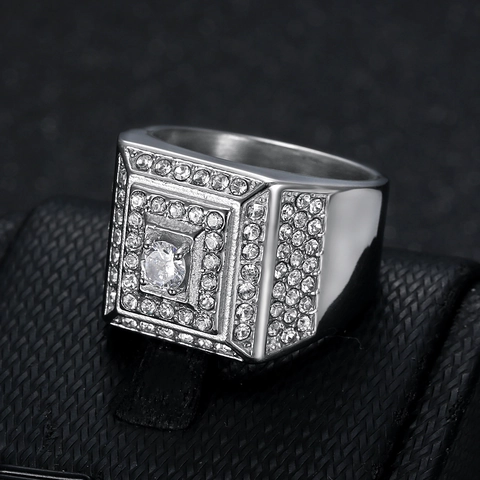 Hip Hop Men Square Stainless Steel Ring Gold Silver Plated Iced Out Zirconia Geometric Signet Ring For Men Party Jewelry
