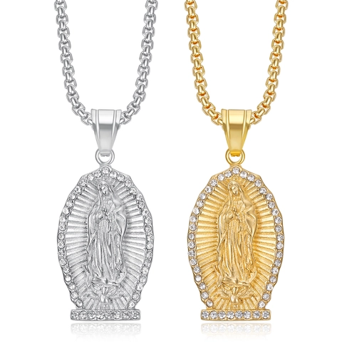 Hip Hop Stainless Steel Virgin Mary Pendant Necklace Iced Out Rhinestone Our Lady Of Guadalupe Religious Jewelry For Unisex