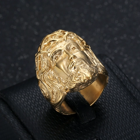 Anello in Acciaio Inossidabile con Rilievo Testa di Gesù per Uomo Color Oro Argento Lucido Gioielli Religiosi di Moda
