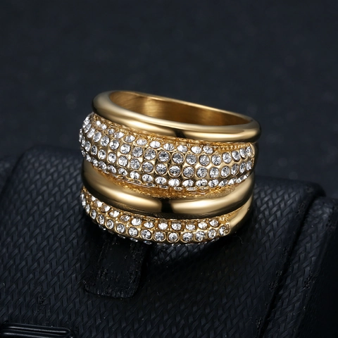 Hip Hop Herren Edelstahl Ring Vergoldet Luxus Pavé Strass Band Ring Personalisiert Mehrreihiger Geometrischer Schmuck