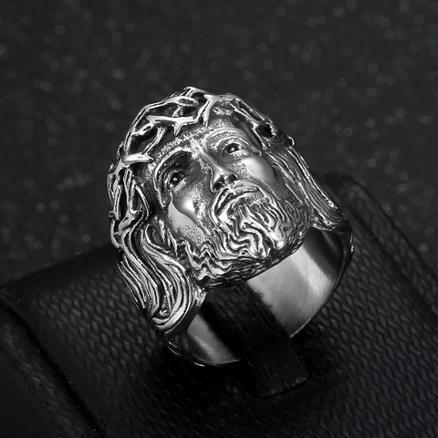 Anillo de Acero Inoxidable con Relieve de Jesús Retro para Hombre Corona de Espinas Vintage Patrón Religioso Joyería