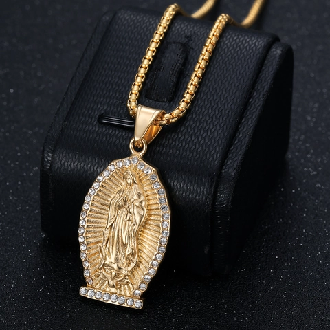 Hip Hop Stainless Steel Virgin Mary Pendant Necklace Iced Out Rhinestone Our Lady Of Guadalupe Religious Jewelry For Unisex