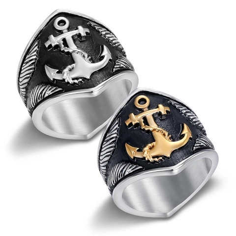 Anello Ancora Retrò Vichingo Norreno in Acciaio Inossidabile Stile Pirata Nautico Anello a Sigillo da Uomo Oro Argento Nero