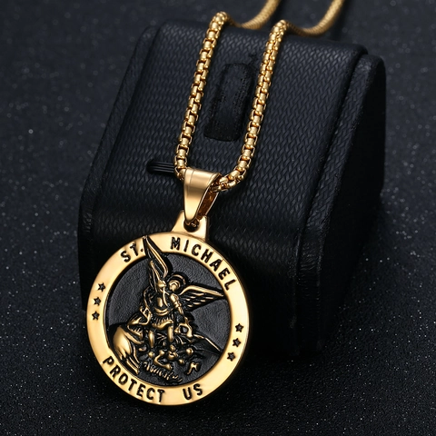 Hip Hop St Michael Archangel Protector Pendant Necklace Stainless Steel Religious Relief Medal Box Chain For Men Women Jewelry