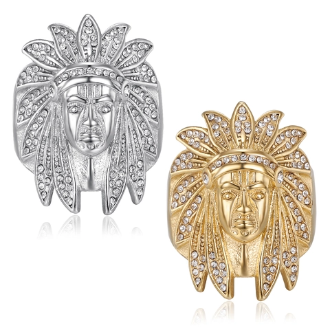 Hip Hop Indian Chief Head Ring Titanium Steel Gold Plated Pave Rhinestone Native American Style Punk Jewelry For Men